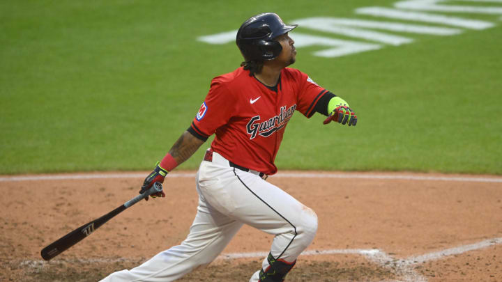 Aug 5, 2024; Cleveland, Ohio, USA; Cleveland Guardians third baseman Jose Ramirez (11) singles in the sixth inning against the Arizona Diamondbacks at Progressive Field. Mandatory Credit: David Richard-USA TODAY Sports