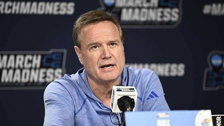 Mar 19, 2026; San Diego, CA, USA; Kansas Jayhawks head coach Bill Self speaks at a press conference ahead of the first round of the men's 2026 NCAA Tournament at Viejas Arena. Mandatory Credit: Denis Poroy-Imagn Images