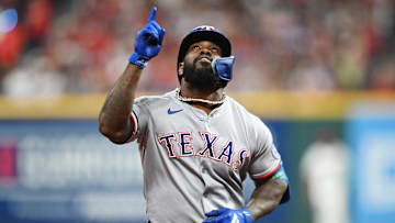 Sep 27, 2025; Cleveland, Ohio, USA; Texas Rangers designated hitter Adolis Garcia (53) rounds the bases after hitting a home run against the Cleveland Guardians during the fourth inning at Progressive Field. Mandatory Credit: Ken Blaze-Imagn Images