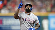 Texas Rangers designated hitter Adolis Garcia (53) rounds the bases after hitting a home run against the Cleveland Guardians during the fourth inning at Progressive Field. 