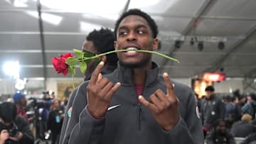 Dec 30, 2023; Pasadena, CA, USA; Alabama Crimson Tide wide receiver Malik Benson (11) and linebacker Justin Jefferson (28) react during Rose Bowl media day at Rose Bowl Stadium. 