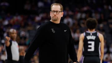 Mar 25, 2024; Sacramento, California, USA; Philadelphia 76ers head coach Nick Nurse walks onto the court during the fourth quarter against the Sacramento Kings at Golden 1 Center. Mandatory Credit: Sergio Estrada-USA TODAY Sports