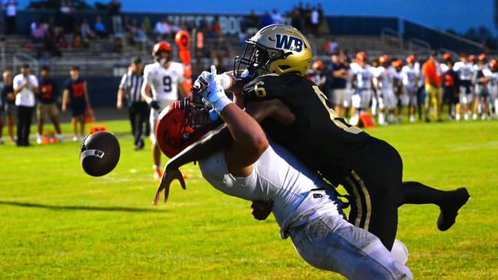 West Boca Raton football Jaydin Broadnax (5) defends a pass during a win over Benjamin on Thursday, Aug. 22, 2024.