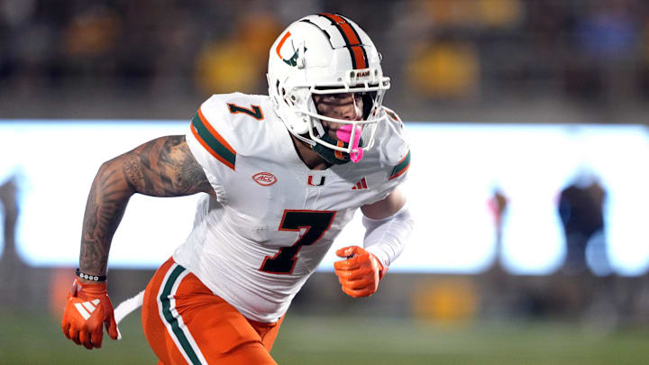 Oct 5, 2024; Berkeley, California, USA; Miami Hurricanes wide receiver Xavier Restrepo (7) during the second quarter against the California Golden Bears at California Memorial Stadium. Mandatory Credit: Darren Yamashita-Imagn Images