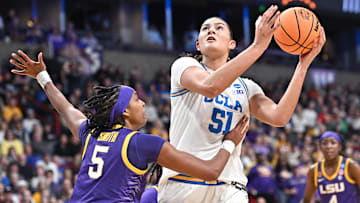 Lauren Betts (right) is averaging 64.9% from the floor and has been named the Naismith Defensive Player of the Year. 