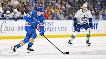 Oct 30, 2025; St. Louis, Missouri, USA; St. Louis Blues right wing Dalibor Dvorsky (54) controls the puck against the Vancouver Canucks during the third period at Enterprise Center. Mandatory Credit: Jeff Curry-Imagn Images