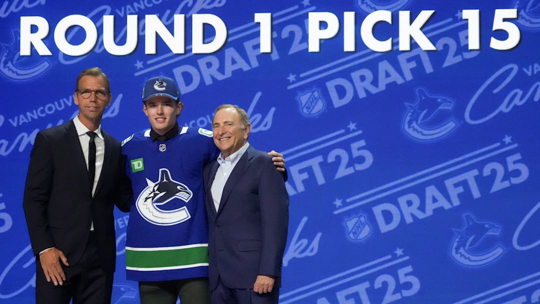 Jun 27, 2025; Los Angeles, California, USA; Braeden Cootes is selected as the 16th overall pick to the Vancouver Canucks in the first round of the 2025 NHL Draft at Peacock Theater. Mandatory Credit: Kirby Lee-Imagn Images