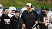 Nov 29, 2024; San Jose, California, USA; Stanford Cardinal head coach Troy Taylor looks on against the San Jose State Spartans in the fourth quarter at CEFCU Stadium. Mandatory Credit: Eakin Howard-Imagn Images