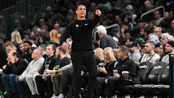 Jan 17, 2025; Boston, Massachusetts, USA; Boston Celtics head coach Joe Mazzulla  directs players during the first half against the Orlando Magic at TD Garden. Mandatory Credit: Eric Canha-Imagn Images