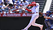 Aug 24, 2025; Anaheim, California, USA; Los Angeles Angels outfielder Taylor Ward (3) hits a solo home run against the Chicago Cubs during the first inning at Angel Stadium. Mandatory Credit: Jonathan Hui-Imagn Images