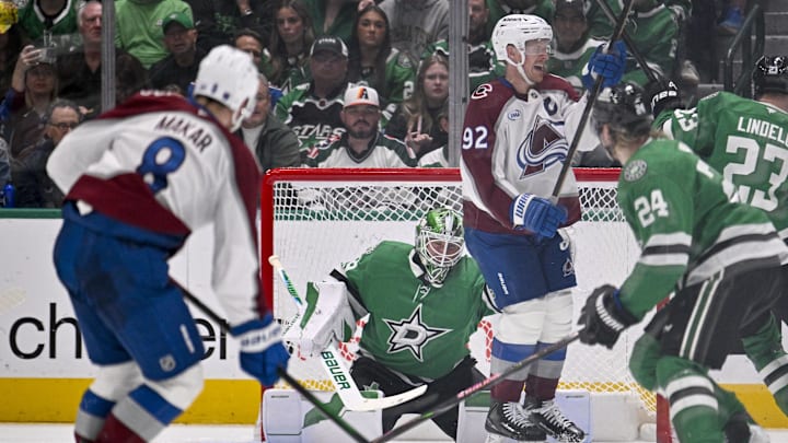 Mar 6, 2026; Dallas, Texas, USA; Colorado Avalanche left wing Gabriel Landeskog (92) reacts to being hit in the groin by a puck during the second period against the Dallas Stars at the American Airlines Center. Mandatory Credit: Jerome Miron-Imagn Images