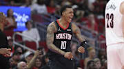 Nov 14, 2025; Houston, Texas, USA;  Houston Rockets forward Jabari Smith Jr. (10) reacts after a play during the fourth quarter against the Portland Trail Blazers at Toyota Center. Mandatory Credit: Troy Taormina-Imagn Images