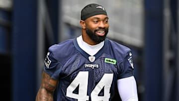 Jun 9, 2025; Foxborough, MA, USA; New England Patriots linebacker K'Lavon Chaisson (44) walks to the practice fields at Gillette Stadium. Mandatory Credit: Eric Canha-Imagn Images