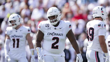 Sep 6, 2025; Cincinnati, Ohio, USA; Cincinnati Bearcats defensive lineman Dontay Corleone (2) stands on the field against the Bowling Green Falcons in the first half at Nippert Stadium. Mandatory Credit: Aaron Doster-Imagn Images