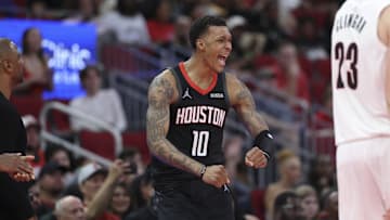Nov 14, 2025; Houston, Texas, USA;  Houston Rockets forward Jabari Smith Jr. (10) reacts after a play during the fourth quarter against the Portland Trail Blazers at Toyota Center. Mandatory Credit: Troy Taormina-Imagn Images