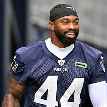 Jun 9, 2025; Foxborough, MA, USA; New England Patriots linebacker K'Lavon Chaisson (44) walks to the practice fields at Gillette Stadium. Mandatory Credit: Eric Canha-Imagn Images