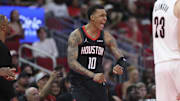 Nov 14, 2025; Houston, Texas, USA;  Houston Rockets forward Jabari Smith Jr. (10) reacts after a play during the fourth quarter against the Portland Trail Blazers at Toyota Center. Mandatory Credit: Troy Taormina-Imagn Images
