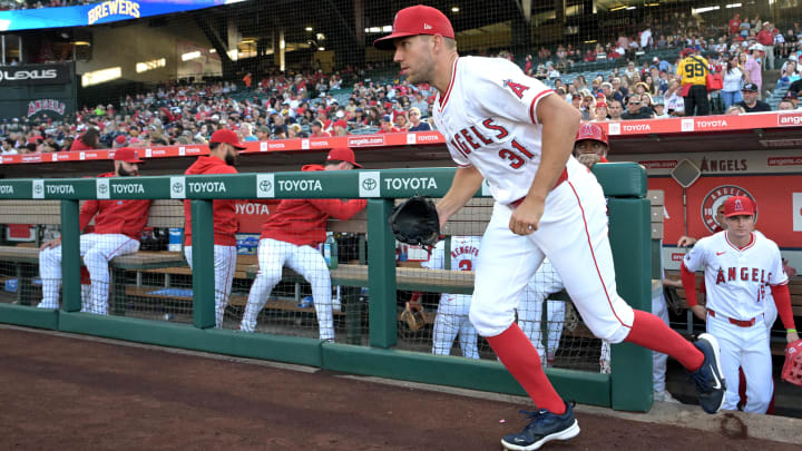 Jun 19, 2024; Anaheim, California, USA;  Los Angeles Angels starting pitcher Tyler Anderson (31) runs on to the field for the game against the Milwaukee Brewers at Angel Stadium. Mandatory Credit: Jayne Kamin-Oncea-USA TODAY Sports