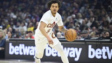Apr 13, 2025; Cleveland, Ohio, USA; Cleveland Cavaliers guard Craig Porter Jr. (9) dribbles the ball in the first quarter against the Indiana Pacers at Rocket Arena. Mandatory Credit: David Richard-Imagn Images