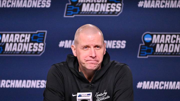 Mar 19, 2026; St. Louis, MO, USA; Kentucky Wildcats head coach Mark Pope talks with the media during a practice session ahead of the first round of the men's 2026 NCAA Tournament at Enterprise Center. Mandatory Credit: Jeff Curry-Imagn Images