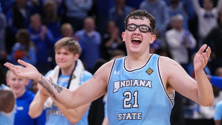 Indiana State Sycamores center Robbie Avila (21) yells in excitement Tuesday, March 26, 2024, after