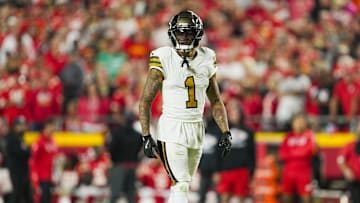 Oct 7, 2024; Kansas City, Missouri, USA; New Orleans Saints cornerback Alontae Taylor (1) reacts during the second half against the Kansas City Chiefs at GEHA Field at Arrowhead Stadium. Mandatory Credit: Jay Biggerstaff-Imagn Images