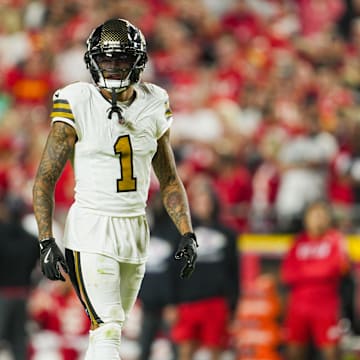 Oct 7, 2024; Kansas City, Missouri, USA; New Orleans Saints cornerback Alontae Taylor (1) reacts during the second half against the Kansas City Chiefs at GEHA Field at Arrowhead Stadium. Mandatory Credit: Jay Biggerstaff-Imagn Images