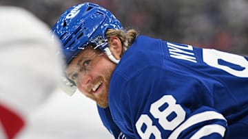 Sep 26, 2024; Toronto, Ontario, CAN;  Toronto Maple Leafs forward William Nylander (88) reacts to a remark from a Montreal Canadiens player as they await a faceoff in the first period at Scotiabank Arena. Mandatory Credit: Dan Hamilton-Imagn Images