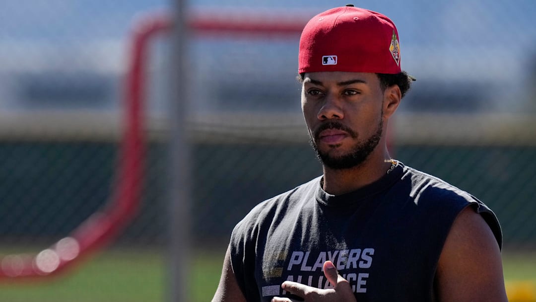 Cincinnati Reds pitcher Hunter Greene (21) watches live batting practice after his workout at the Cincinnati Reds player development complex in Goodyear, Ariz., on Saturday, Feb. 14, 2026.