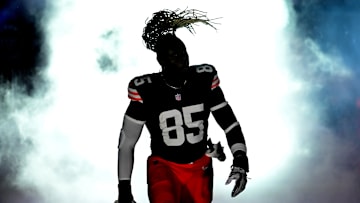Nov 21, 2024; Cleveland, Ohio, USA; Cleveland Browns tight end David Njoku (85) is introduced before the game between the Browns and the Pittsburgh Steelers at Huntington Bank Field. Mandatory Credit: Ken Blaze-Imagn Images