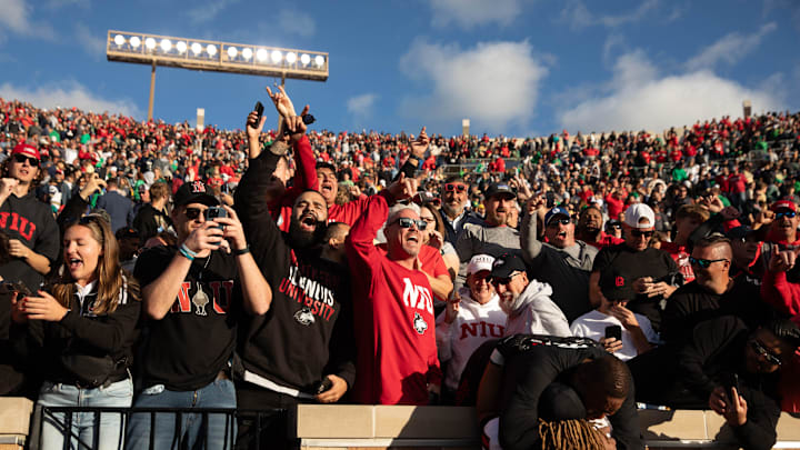 Northern Illinois fans celebrate after winning a NCAA college football game 16-14 against Notre Dame at Notre Dame Stadium on Saturday, Sept. 7, 2024, in South Bend.