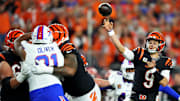 Cincinnati Bengals quarterback Joe Burrow (9) throws in the first quarter during a Week 9 NFL football game between the Buffalo Bills and the Cincinnati Bengals, Sunday, Nov. 5, 2023, at Paycor Stadium in Cincinnati.