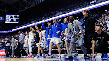 Dec 14, 2024; Lexington, Kentucky, USA; The Kentucky Wildcats bench celebrates after guard Otega Oweh (0) makes a basket during the second half against the Louisville Cardinals at Rupp Arena at Central Bank Center. Mandatory Credit: Jordan Prather-Imagn Images