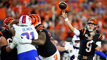 Cincinnati Bengals quarterback Joe Burrow (9) throws in the first quarter during a Week 9 NFL football game between the Buffalo Bills and the Cincinnati Bengals, Sunday, Nov. 5, 2023, at Paycor Stadium in Cincinnati.