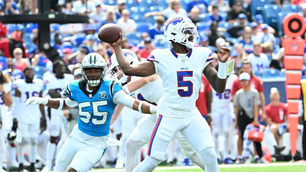 Aug 24, 2024; Orchard Park, New York, USA; Buffalo Bills quarterback Anthony Brown Jr. (5) throws a pass as Carolina Panthers