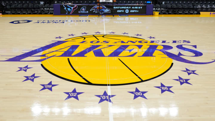 Jan 17, 2024; Los Angeles, California, USA; The Los Angeles Lakers logo at center court at the Crypto.com Arena. Mandatory Credit: Kirby Lee-USA TODAY Sports