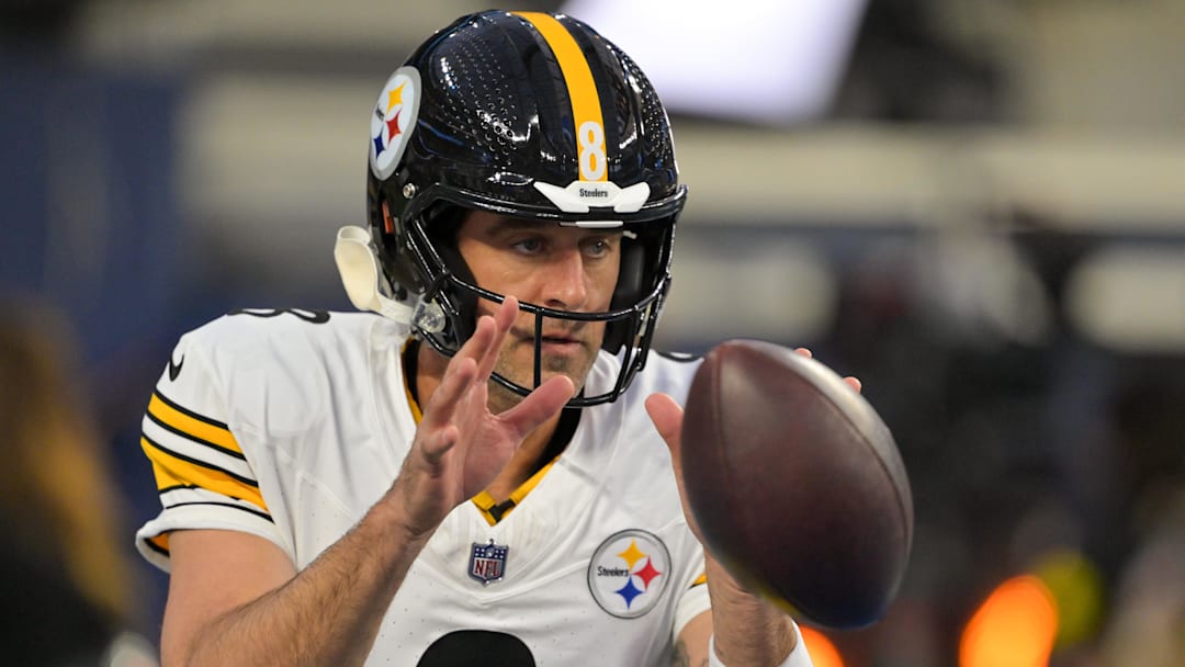 Nov 9, 2025; Inglewood, California, USA; Pittsburgh Steelers quarterback Aaron Rodgers (8) warms up before the game against the Los Angeles Chargers at SoFi Stadium.