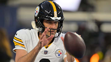 Nov 9, 2025; Inglewood, California, USA; Pittsburgh Steelers quarterback Aaron Rodgers (8) warms up before the game against the Los Angeles Chargers at SoFi Stadium.