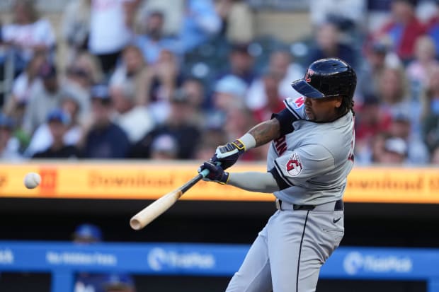 Jose Ramirez swings and hits a double 