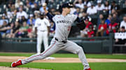 Aug 23, 2025; Chicago, Illinois, USA;  Minnesota Twins pitcher Mick Abel (20) delivers against the Chicago White Sox during the first inning at Rate Field. Mandatory Credit: Matt Marton-Imagn Images