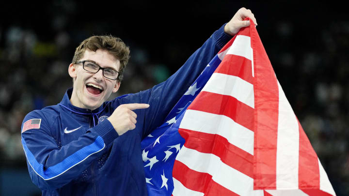 Stephen Nedoroscik of the United States celebrates after winning the bronze medal in the pommel horse on the first day of gymnastics event finals during the 2024 Paris Olympics.