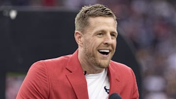 Oct 1, 2023; Houston, Texas, USA; Former Houston Texans JJ Watt speaks to the fans during his Ring Of Honor Ceremony at halftime during the game between the Texans and Pittsburgh Steelers at NRG Stadium. Mandatory Credit: Thomas Shea-Imagn Images
