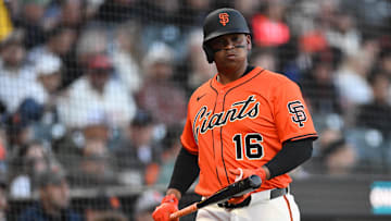 Jun 20, 2025; San Francisco, California, USA; San Francisco Giants designated hitter Rafael Devers (16) waits to bat against the Boston Red Sox in the first inning at Oracle Park. 