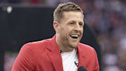 Oct 1, 2023; Houston, Texas, USA; Former Houston Texans JJ Watt speaks to the fans during his Ring Of Honor Ceremony at halftime during the game between the Texans and Pittsburgh Steelers at NRG Stadium. Mandatory Credit: Thomas Shea-Imagn Images