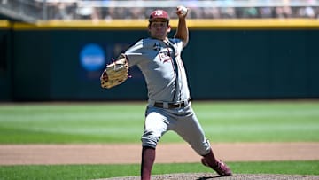 Jun 22, 2022; Omaha, NE, USA; Texas A&M Aggies pitcher Ryan Prager (18) throws against the