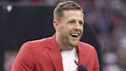 Former Houston Texans JJ Watt speaks to the fans during his Ring Of Honor Ceremony at halftime during the game between the Texans and Pittsburgh Steelers at NRG Stadium. 