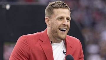 Former Houston Texans JJ Watt speaks to the fans during his Ring Of Honor Ceremony at halftime during the game between the Texans and Pittsburgh Steelers at NRG Stadium. 