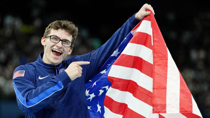 Stephen Nedoroscik of the United States celebrates after winning the bronze medal in the pommel horse in Paris.