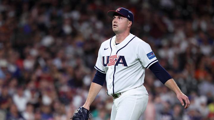 Mar 7, 2026; Houston, TX, United States; United States pitcher Tarik Skubal (27) reacts after pitching against Great Britain during the third inning at Daikin Park. Mandatory Credit: Troy Taormina-Imagn Images