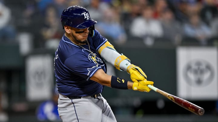 Jul 6, 2024; Arlington, Texas, USA; Tampa Bay Rays third baseman Isaac Paredes (17) in action during the game between the Texas Rangers and the Tampa Bay Rays at Globe Life Field. Mandatory Credit: Jerome Miron-USA TODAY Sports